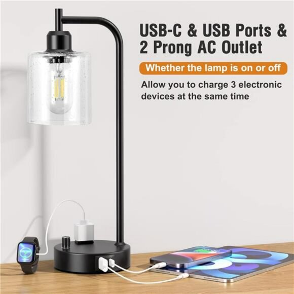 Set of 2 industrial dimmable table lamps with usb ports outlet for bedroom - Picture 5 of 7